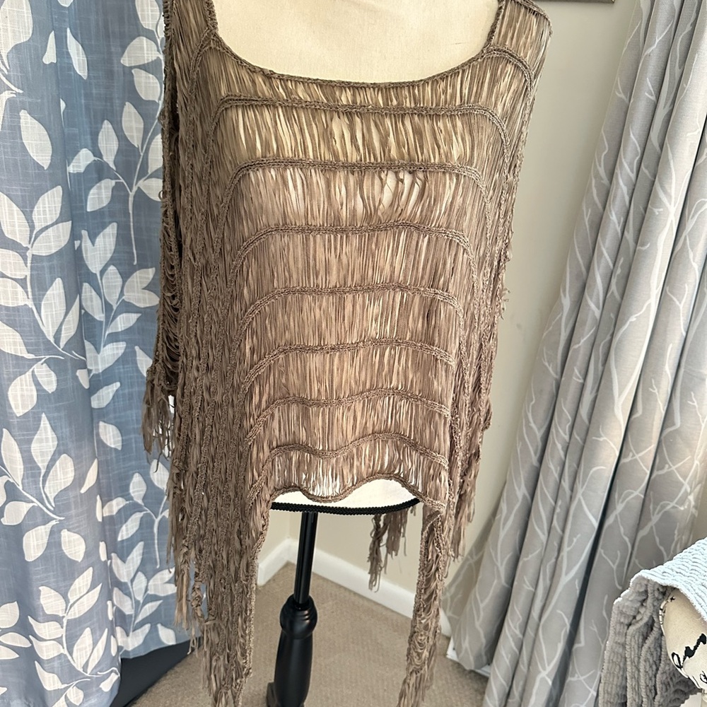 Fringe Sleeveless poncho - Brown
